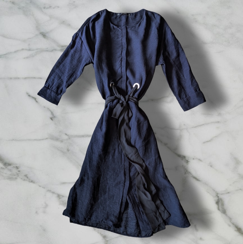 Zara Basic Collection Black Belted Navy Blue Midi… - image 1